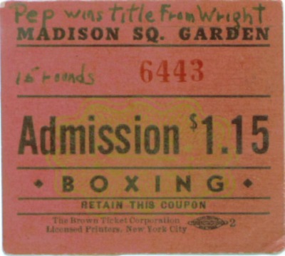 Vintage Boxing Ticket Stub - Willie Pep vs Chalky Wright